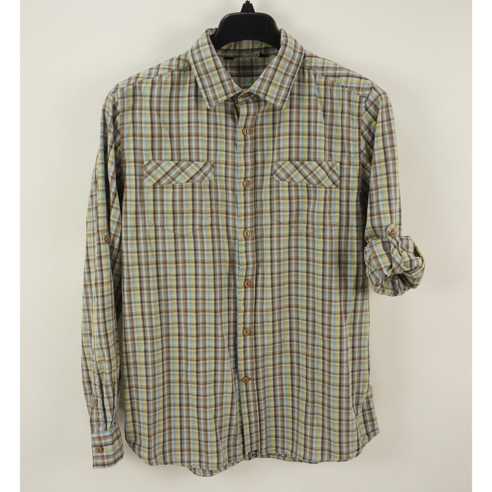 Gramicci‎ Men's Medium Roll Tab Sleeve Yellow Blue Brown Cotton Utility Shirt